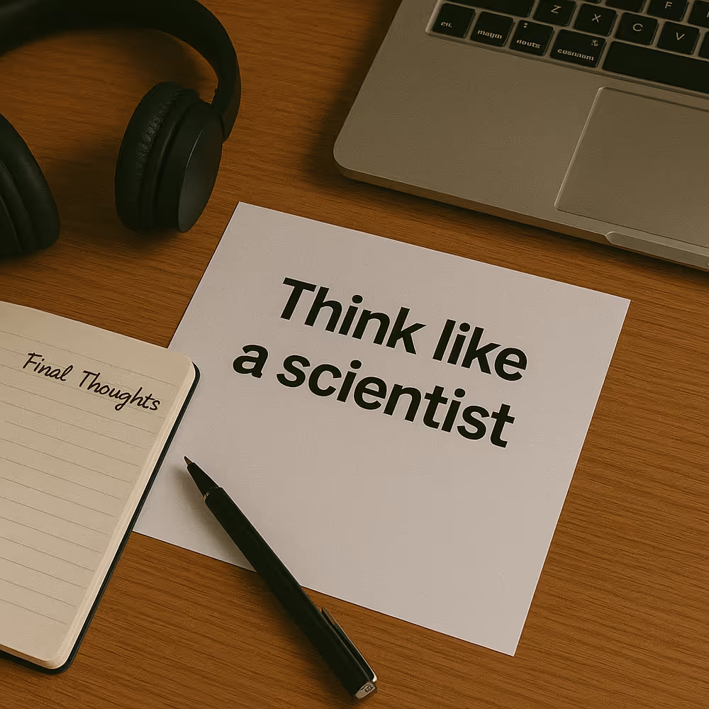 Tidy desk with the phrase “Think like a scientist” beside headphones and laptop.