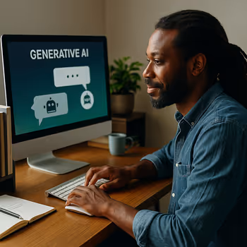An African writer using a desktop PC at a minimalist desk, symbolizing AI-assisted creativity and human-AI collaboration in content creation.