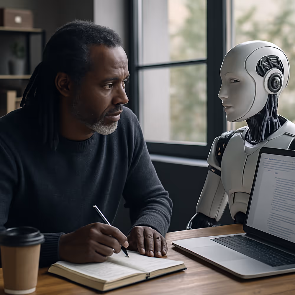 A middle-aged Black man writes in a notebook while seated beside a humanoid robot in a minimalist office, symbolizing AI as a collaborative partner in creativity without replacing originality.