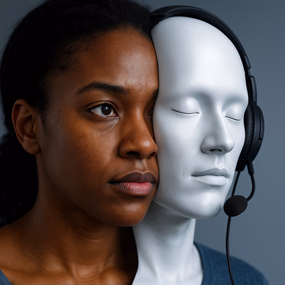 A digital photograph shows a close-up of a professional microphone in a dimly lit recording studio, symbolizing authentic voice. To the left, soft light highlights positive uses of AI voice cloning, including a musician recording and an ALS patient using assistive technology. To the right, darker tones depict risks, with a blurred phone scam scene and distorted sound waves suggesting deepfake fraud and misinformation. The composition balances hope and caution.