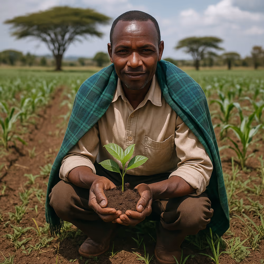 Kenyan farmer holding rich soil with a seedling in a maize field, symbolizing soil regeneration and nature-positive practices.