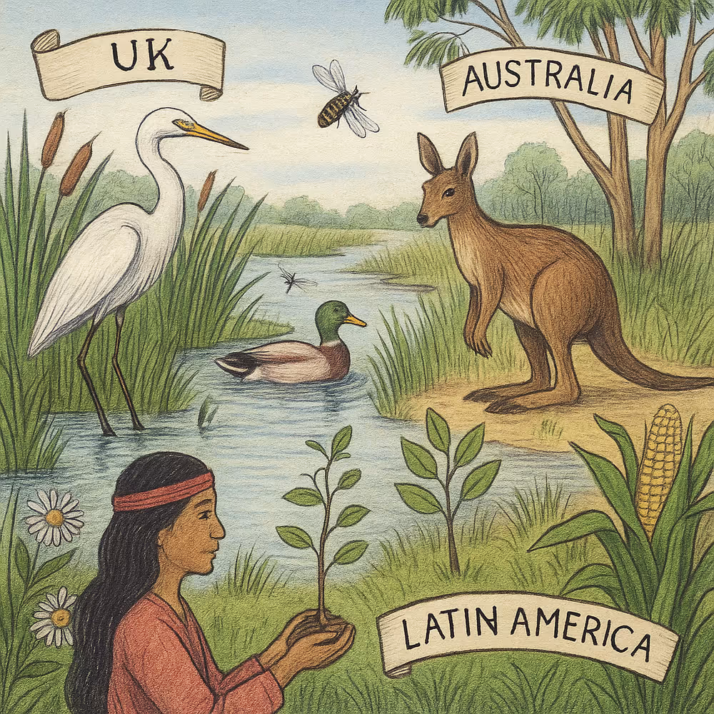 A detailed illustration of global biodiversity credit case studies featuring a white egret in the UK wetland, a kangaroo in Australia’s bushland, and an Indigenous woman planting a sapling in Latin America, symbolizing habitat restoration and ecological stewardship.