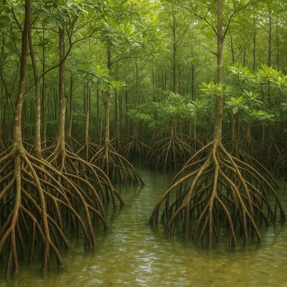 xpansive Sundarbans mangrove forest with tidal waterways providing cyclone protection.