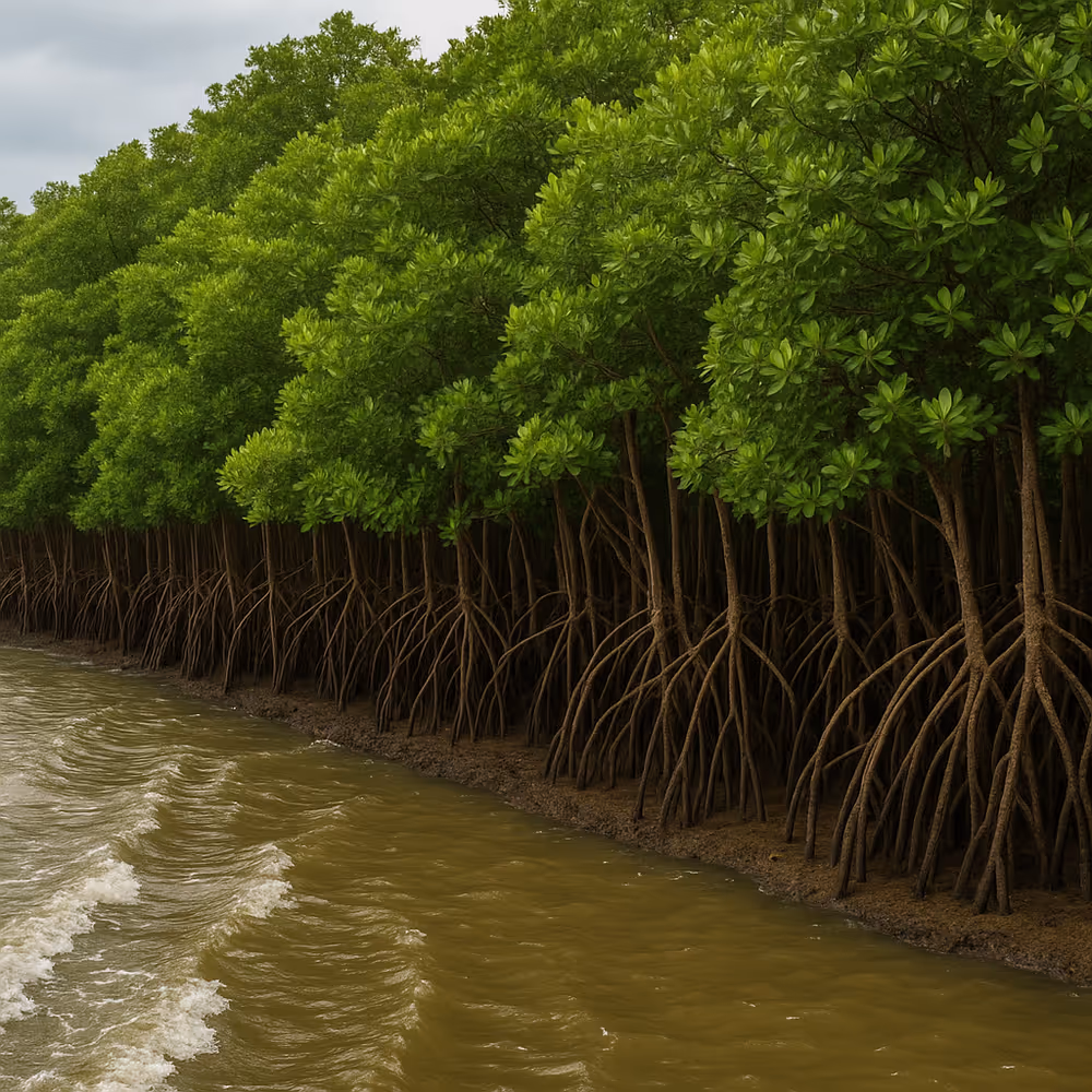 RMangrove roots breaking wave energy and protecting Nyali’s urban coastline from flooding.