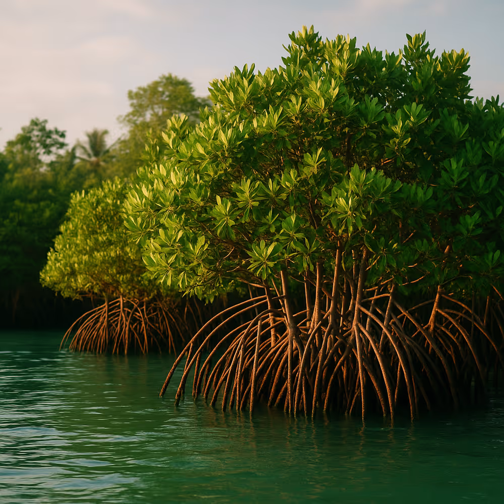 A golden-hour view of a lush mangrove forest with aerial roots exposed along a sandy shore, waves lapping the coast, fiddler crabs, and an egret flying above.