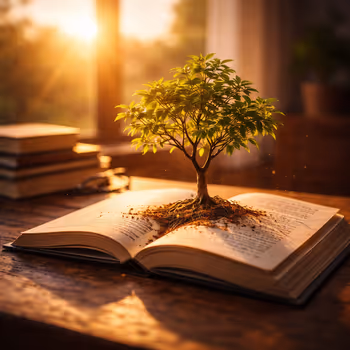 Young tree growing steadily in natural light, symbolizing long-term authority and idea longevity.