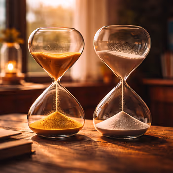 Two hourglasses representing short-term visibility versus long-term authority in thought leadership.