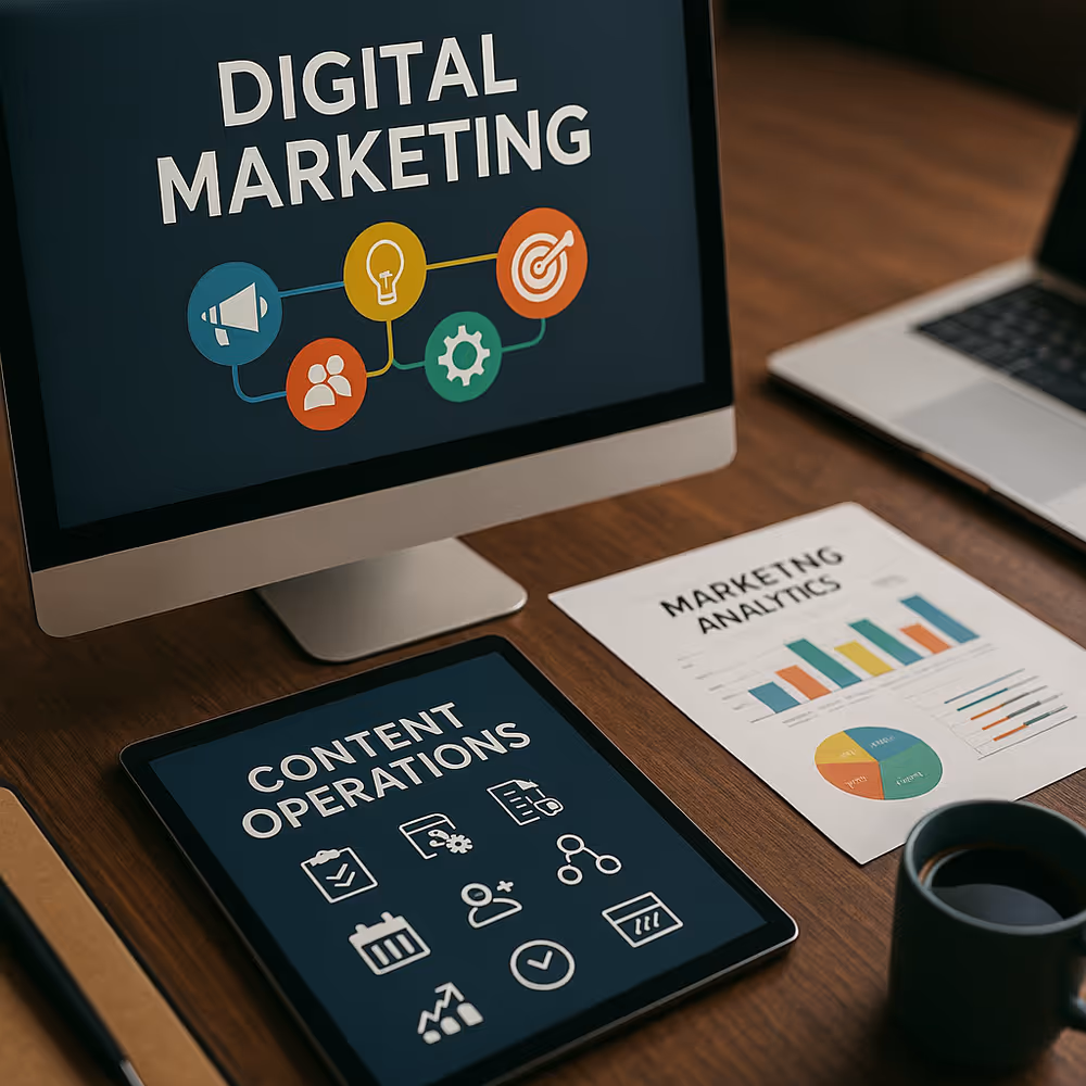 Digital marketing command center with dashboards and team coordination visuals.