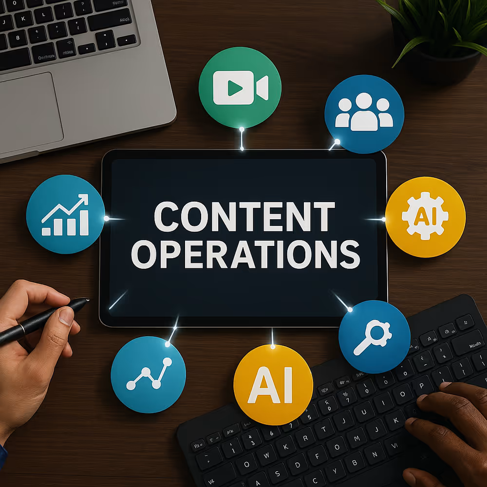 Tablet displaying “Content Operations” surrounded by AI, analytics, and teamwork icons.