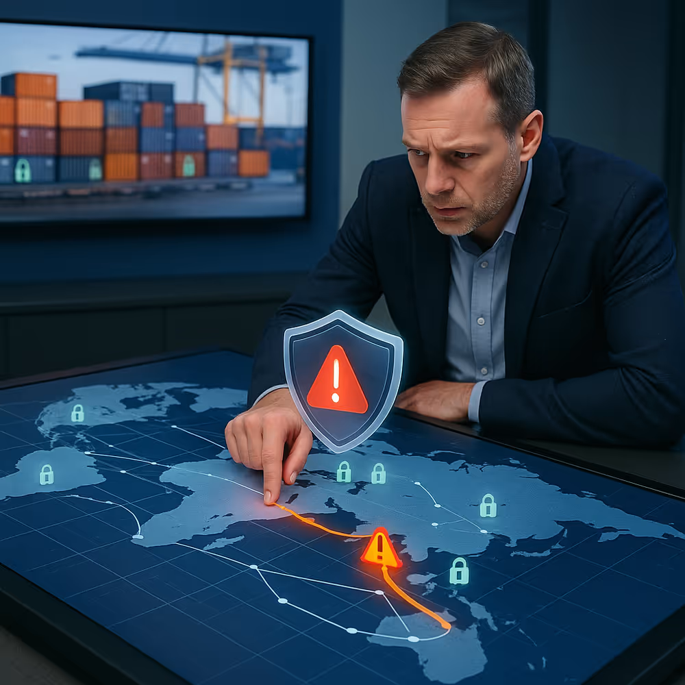 Manufacturing supply chain dashboard tracking global freight routes and risk hotspots