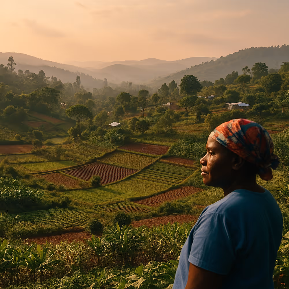 A middle-aged woman standing in a farm overlooking a valley of cultivated terraces, dotted here and there with houses, and a hazy hilly background in the distant.