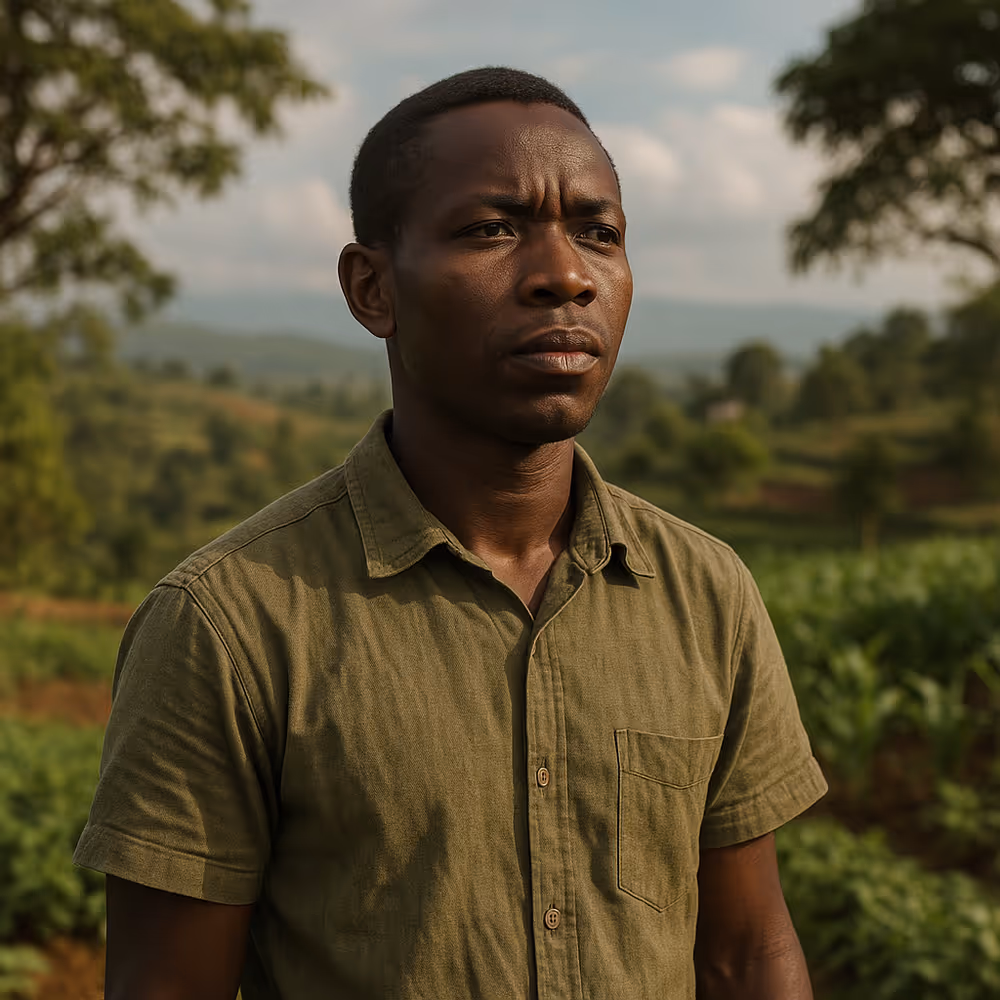 A young African man standing in an outdoor setting. 