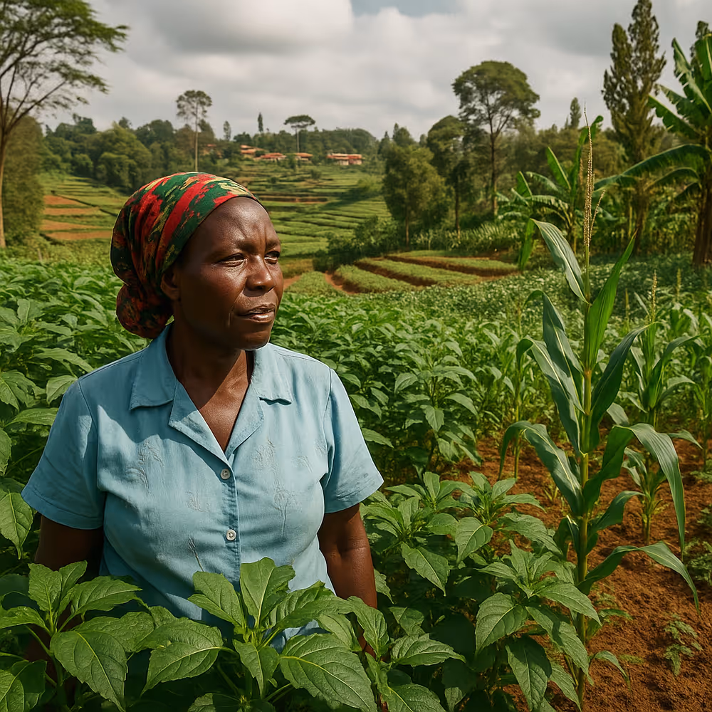 A middle-aged African woman standing in a vibrant, tropical farm landscape.