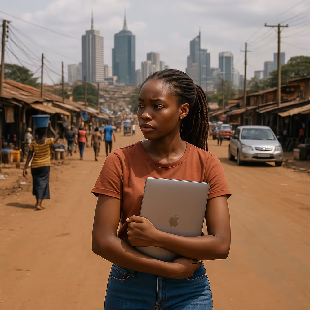 A young Black African woman holding a laptop while walking on a dirt road, with a city's skyline in the background.