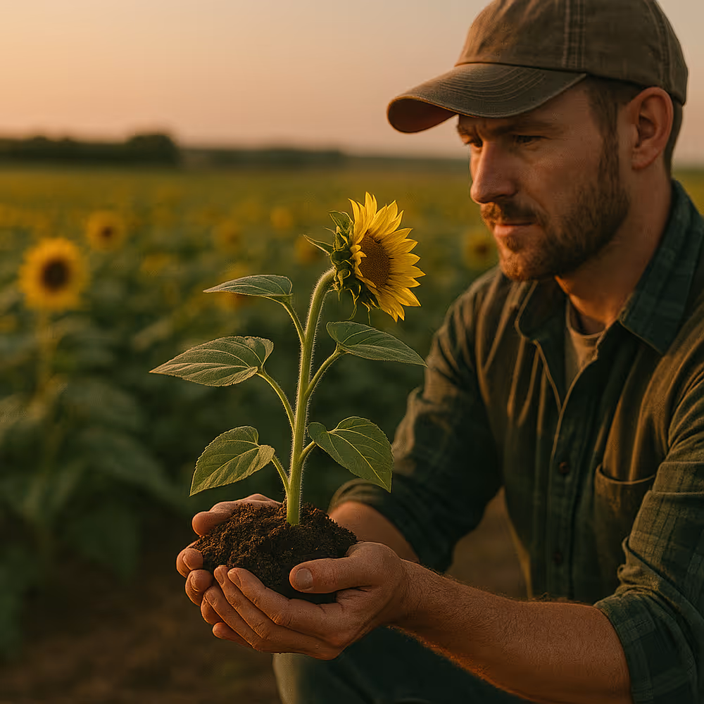 A photorealistic image of a farmer kneeling in a vast sunflower field at golden hour, gently holding a young sunflower plant with its roots intact. The warm sunlight casts a soft glow across the vibrant yellow blooms stretching toward the horizon, evoking renewal and care for the earth.