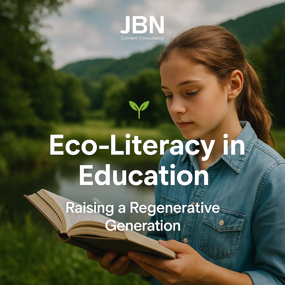 Young girl reading outdoors beside water and trees—learning in harmony with nature as eco-literacy symbol.