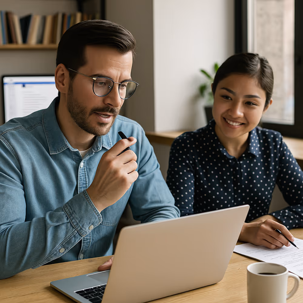 Man and woman collaborating in a modern office, discussing innovative email marketing tactics.