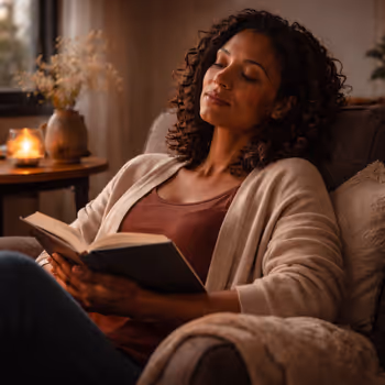 Woman resting peacefully in a quiet environment, symbolizing writing as emotional refuge and rest.