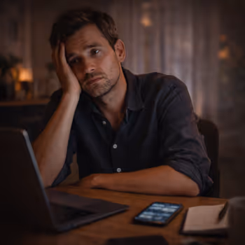 Overstimulated man experiencing cognitive fatigue from constant digital input and attention overload.