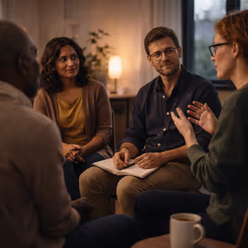 Reflective professionals engaged in calm discussion, representing meaning-driven and burnout-aware writing.