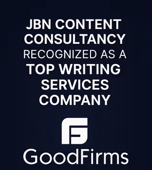 Announcement banner showing the headline ‘Recognized as a Top Writing Services Company by GoodFirms’ with glowing blue accents,symbolizing professional achievement and industry recognition