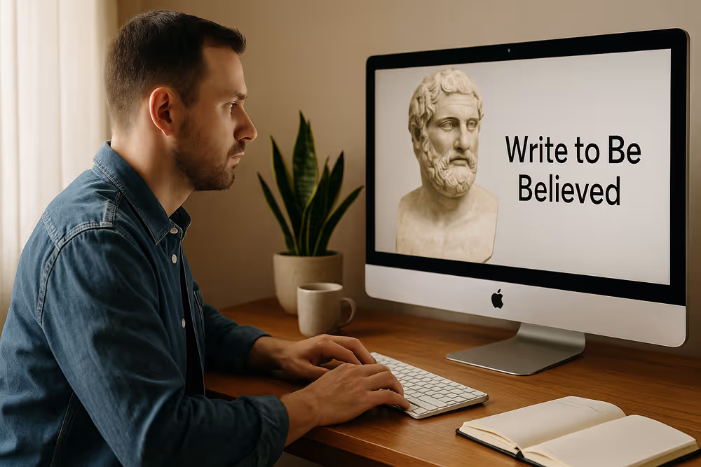 Writer reflecting at desk with screen showing ‘Write to Be Believed’—EEAT trust focus.