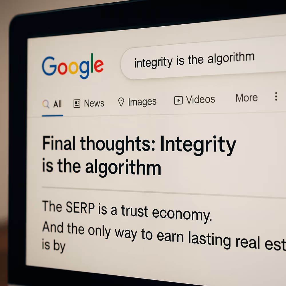 SERP on a computer screen showing snippets, sitelinks, and knowledge panels—ethical visibility in action.