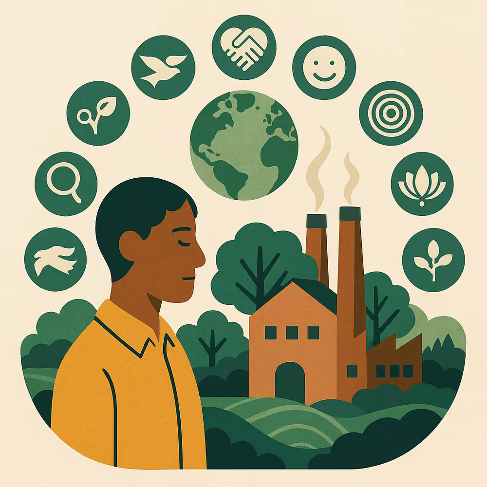 Icons for Ubuntu, Degrowth, Amanah and more around a low-impact factory—culture guiding site selection.