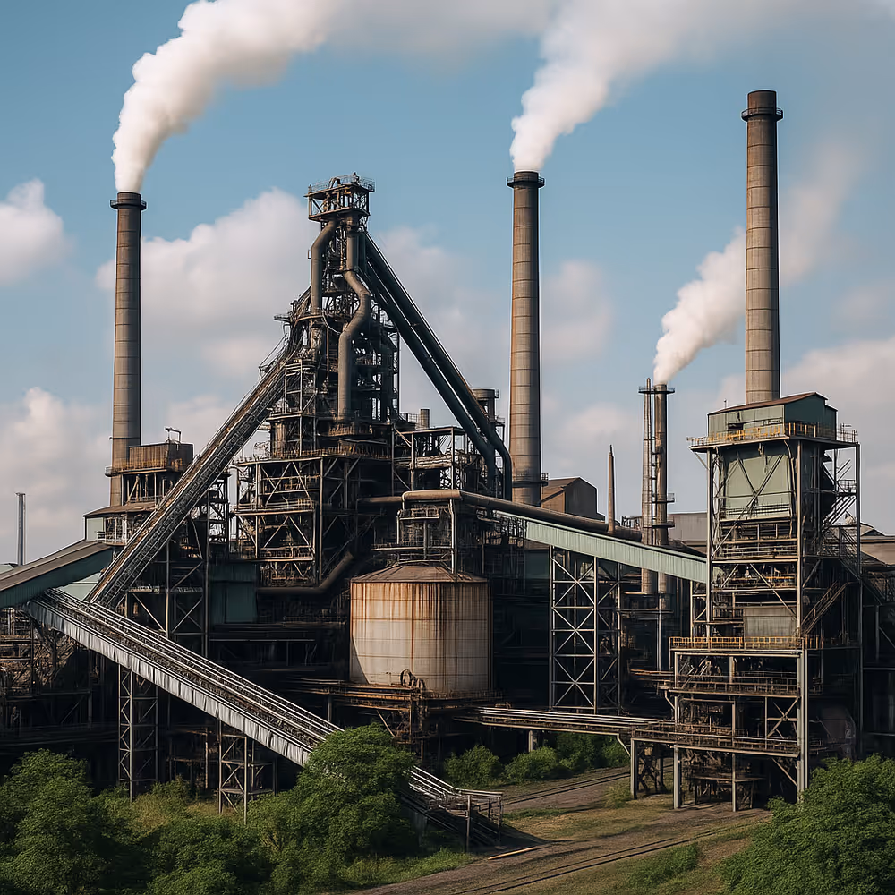 Interconnected steelworks with greenery showing waste-heat reuse and industrial symbiosis in a brownfield expansion.