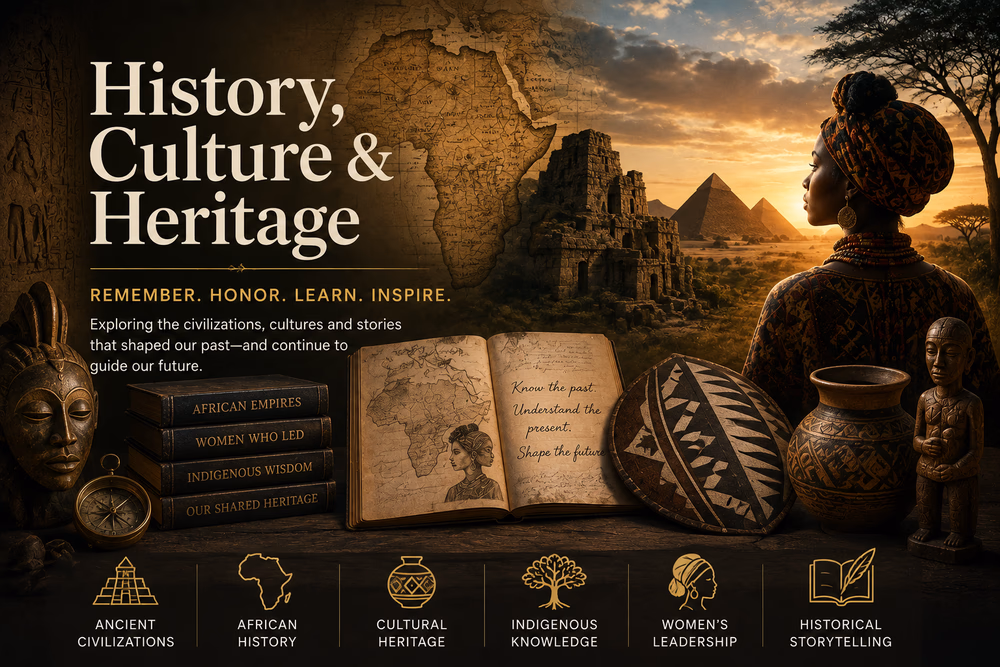 African heritage artifacts, ancient civilizations and historical landscapes celebrate cultural memory, indigenous knowledge, and world history.