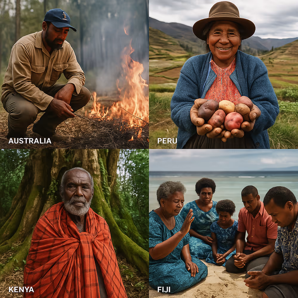 Collage showing Aboriginal fire management, Peruvian potato conservation, Kenya’s Kaya forests, and Fijian Tabu marine protection.