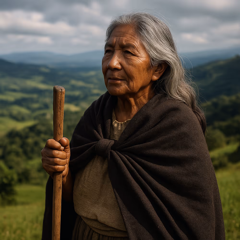 Elderly Indigenous woman holding a walking stick symbolizing wisdom, resilience, and ancestral climate knowledge.