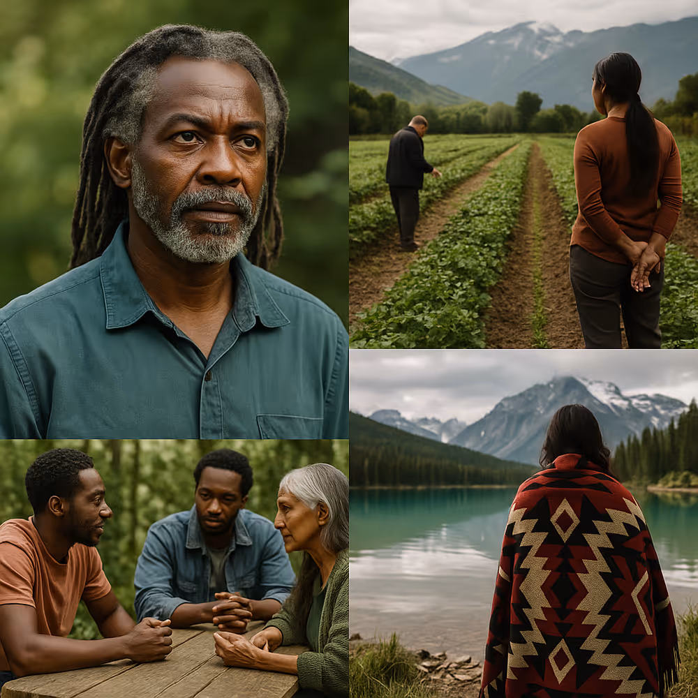 A digital composite photograph depicting Indigenous climate knowledge principles: an elder teaching children under a tree (intergenerational stewardship), a community meeting on sustainability (collective decision-making), and a woman blessing land and sea (spiritual ecology).