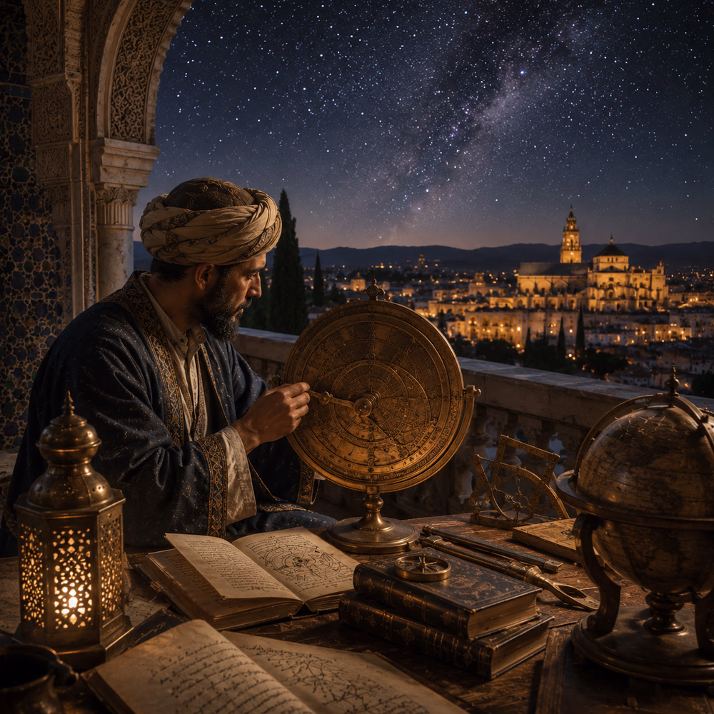 Al-Andalus astronomer studies an astrolabe beneath star-filled skies, advancing astronomy and mathematics in Córdoba.