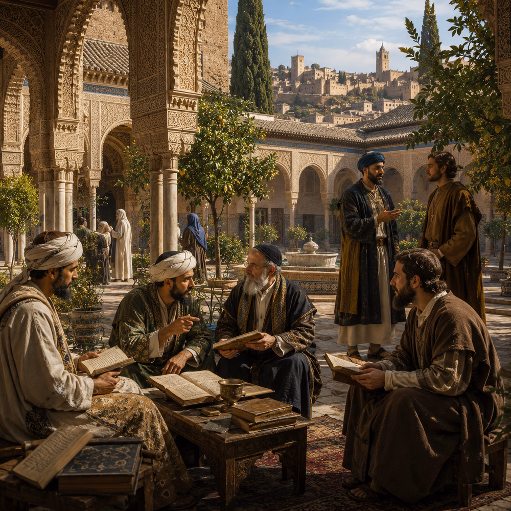 Muslim, Jewish, and Christian scholars exchange ideas in an Al-Andalus courtyard, reflecting convivencia and learning.