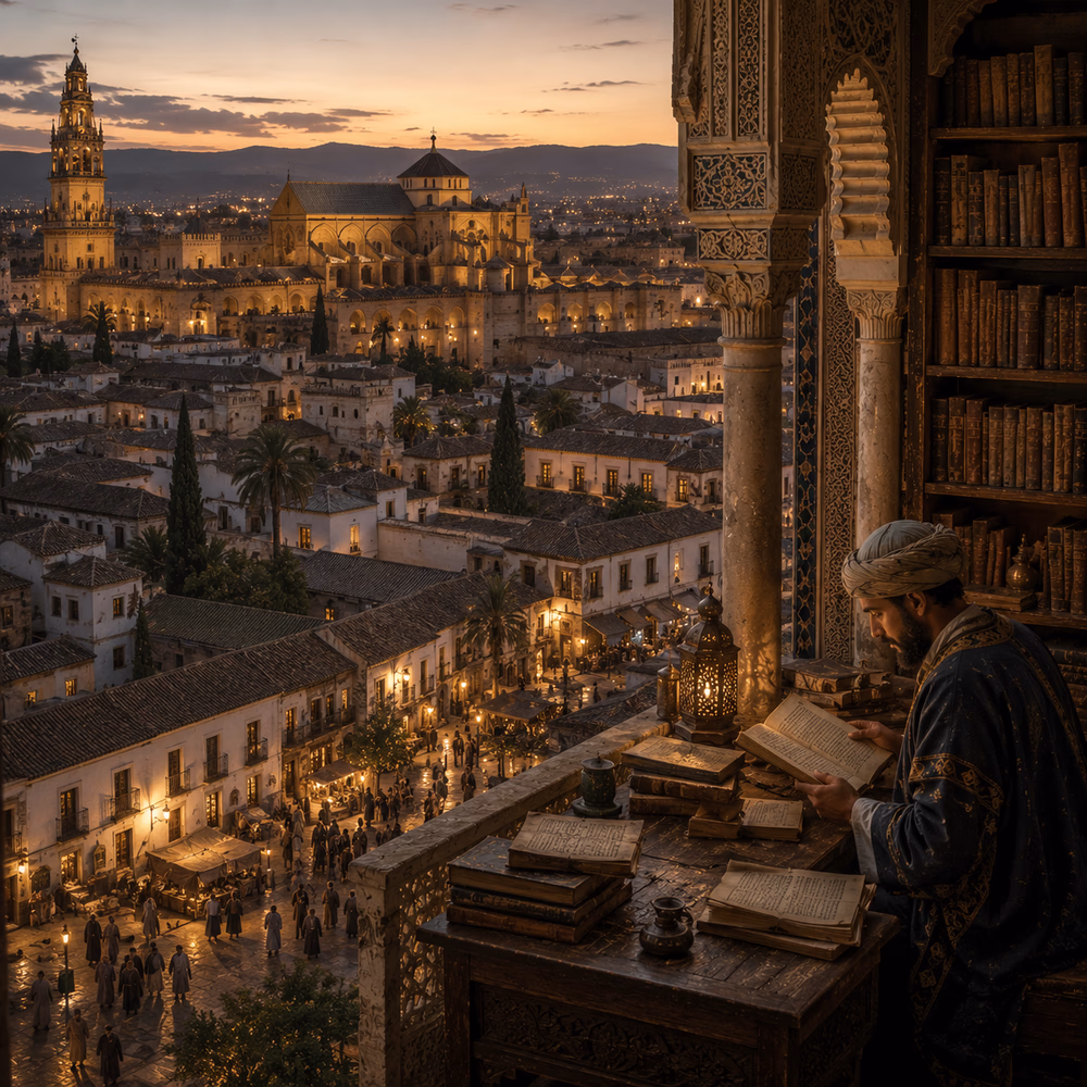 Scholar reads manuscripts above lamp-lit Córdoba, overlooking a city renowned for books, learning, and discovery.