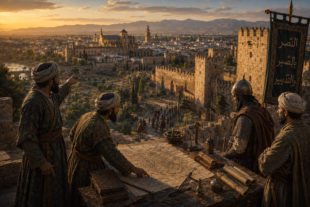 Al-Andalus commanders study maps above fortified walls, highlighting strategy, resilience, and political complexity.