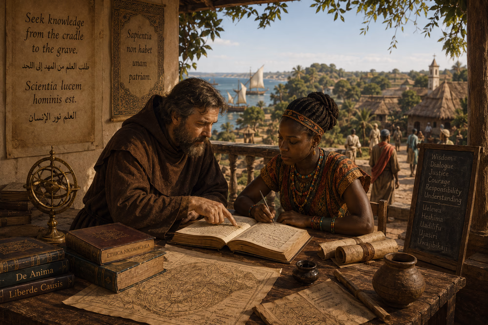 Friar Mark teaches young Mnyazi by the Kenyan coast, symbolizing curiosity, learning, and cultural exchange.