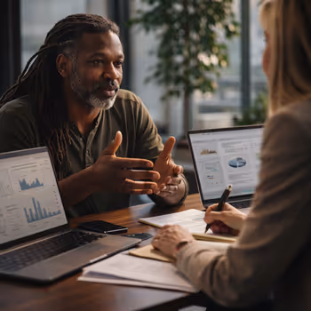 Content strategist collaborating with a partner on ethical, data-backed content strategy.