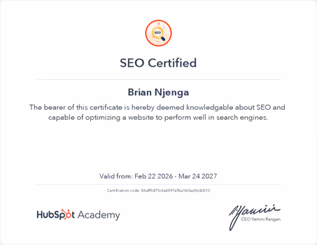HubSpot SEO Certification badge awarded to Brian Njenga of JBN Content Consultancy