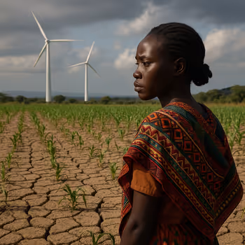 Young African woman in a dry field with wind turbines behind her, symbolizing equity challenges in climate transitions.