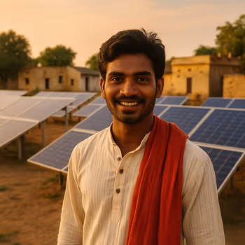 Young Indian man standing in front of community solar panels during sunset, showing solar-powered rural development.