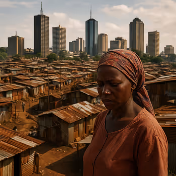 African woman standing near an informal settlement with a modern city skyline in the background, representing climate inequality.