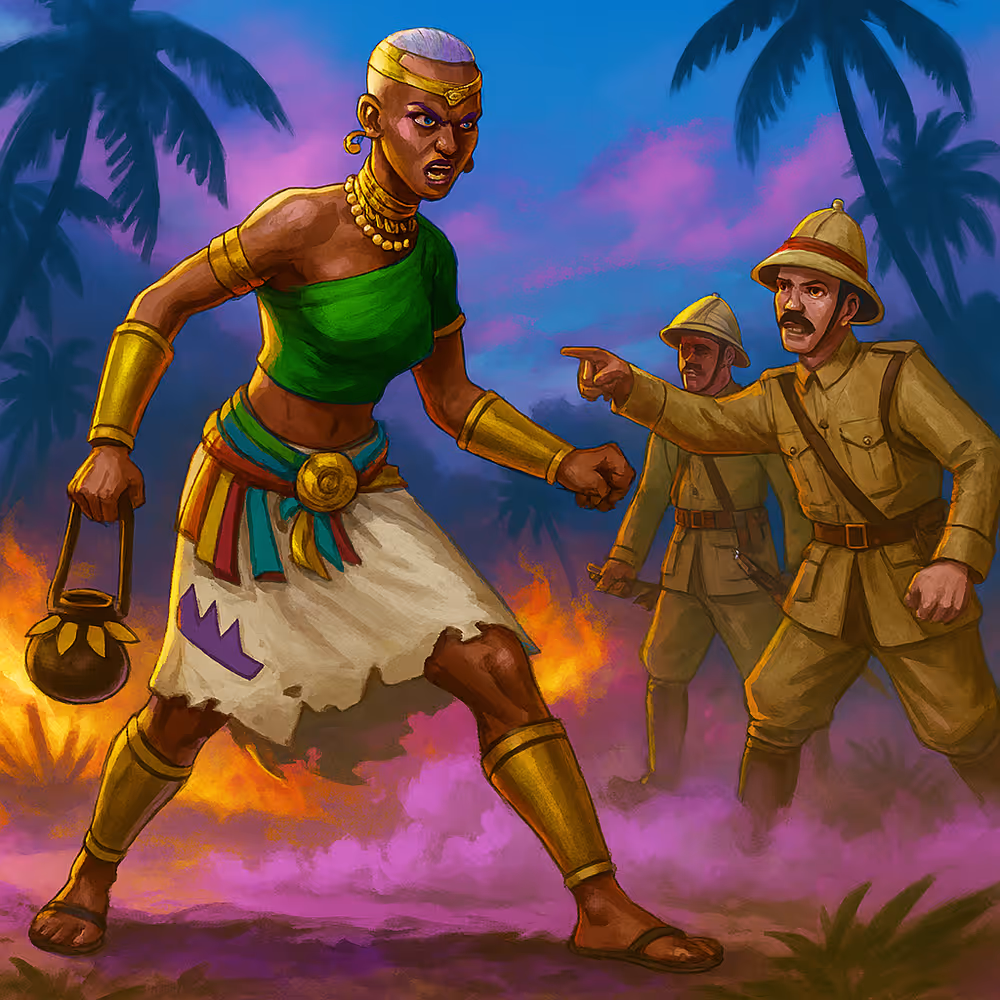 Mekatilili wa Menza confronting British colonial soldiers in coastal Kenya—digital illustration.