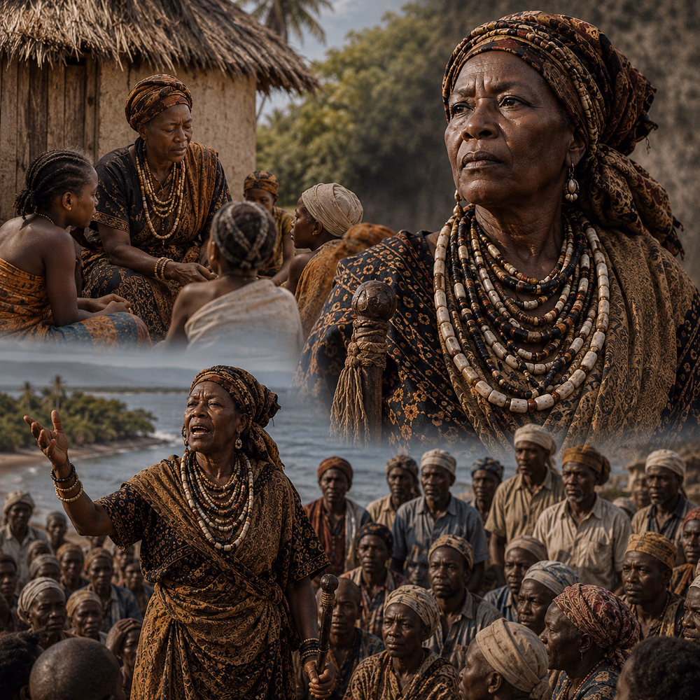 Mekatilili wa Menza addresses Giriama communities, embodying courage, wisdom, and resistance to colonial rule.