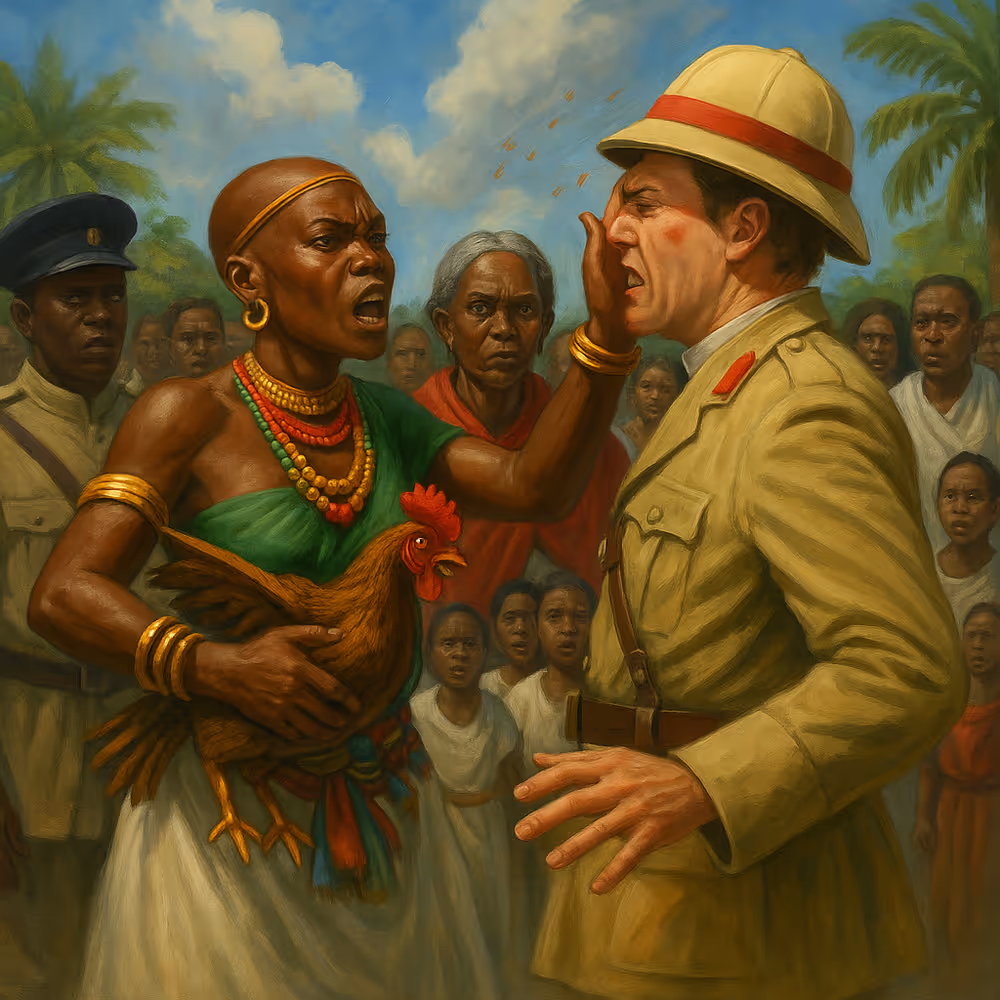 Mekatilili wa Menza slapping colonial administrator Arthur Champion after the hen-and-chick demonstration at Chakama, 1913.