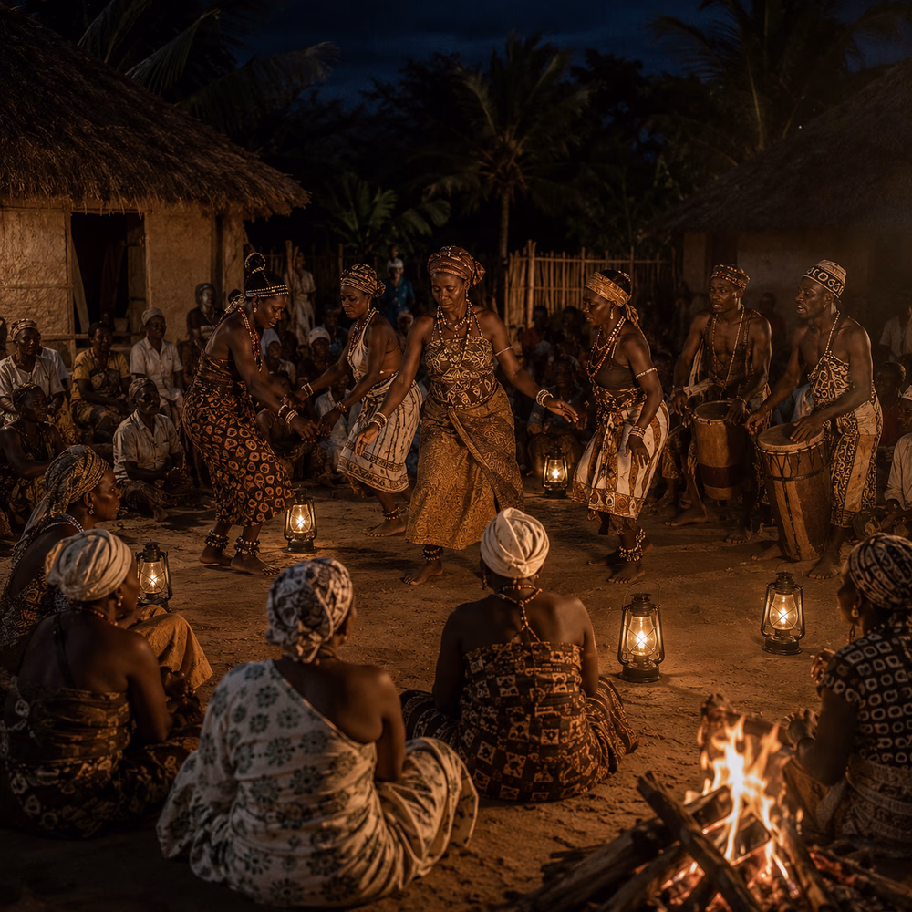 Giriama villagers gather around Kifudu dancers at night, using ritual, music, and movement to share grief.