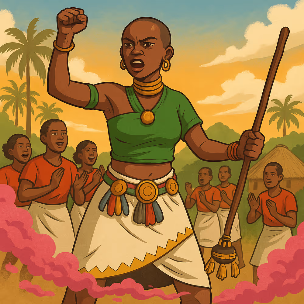 Mekatilili wa Menza leading Giriama dancers in the sacred kifudu funeral dance at Kaya Fungo.