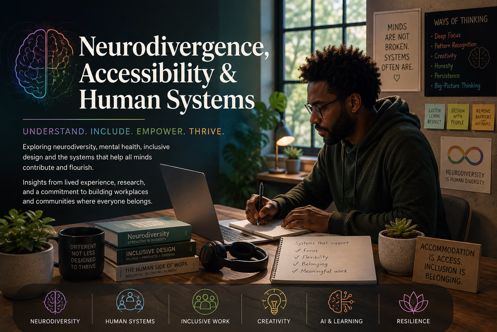A neurodivergent gig worker working in his home office, and surrounded by numerous accessibility affirmations.