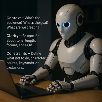 A humanoid AI robot seated at a desk in a modern workspace, typing on a laptop, with glowing blue eyes.